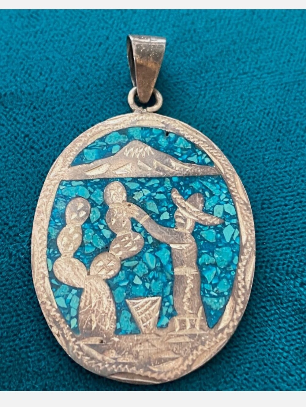 MEXICANA Turquoise Blue Inlay Mexican Scene Pendant